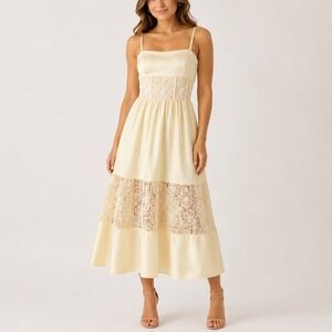 BHLDN Gabriella Dress Womens M Butter Yellow Lace Square Neck Bridal Gown‎ READ
